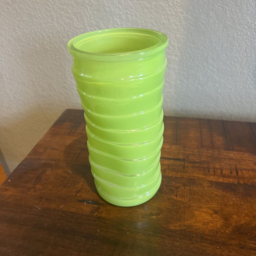 Vintage Hoosier Glass Light Neon Green Ribbed Wavy Vase 70's Collector Art